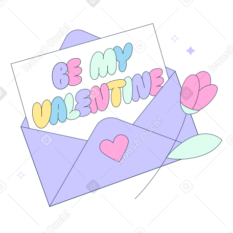 Text be my valentine lettering in the envelope with heart and flower PNG, SVG