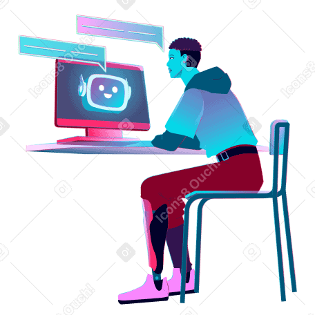 Young man communicating with artificial intelligence through a computer PNG, SVG