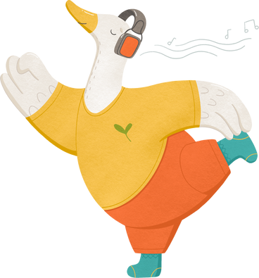 goose with headphones listening to music and doing gymnastics PNG, SVG