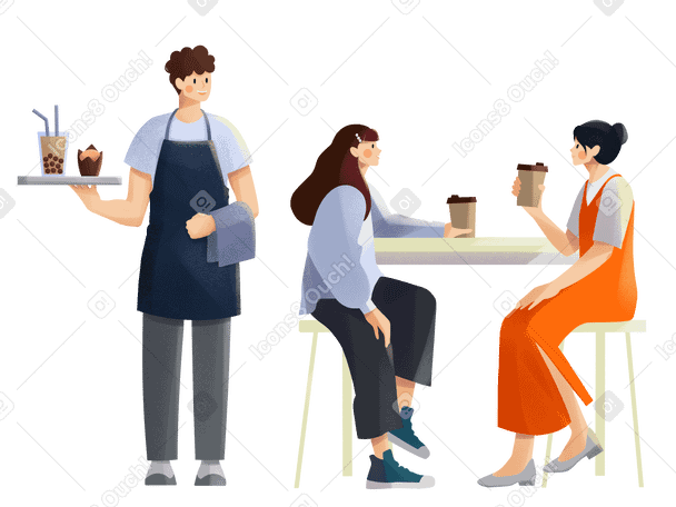 Waiter brings an order for friends drinking coffee PNG, SVG