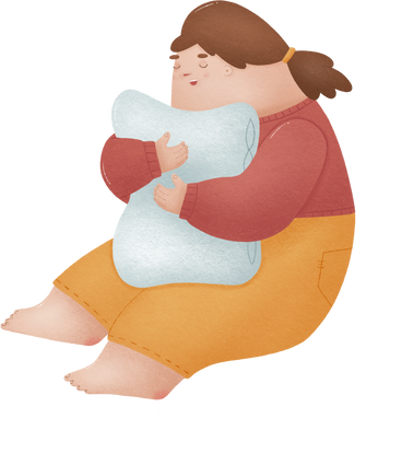 woman sits hugging a pillow PNG, SVG