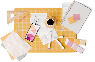top view of designer desk with smartphone markers and color palette PNG, SVG