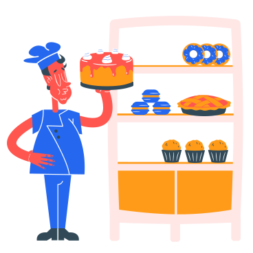 Baker carrying a cake to the product stand PNG, SVG