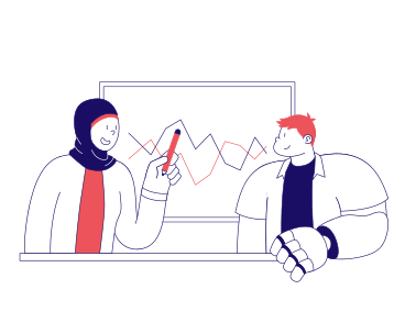 Man and woman discussing the graph on the whiteboard animated illustration in GIF, Lottie (JSON), AE