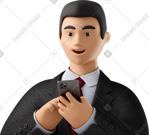 3D close up of businessman in black suit with phone looking aside PNG, SVG