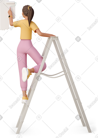 3D young woman painting the wall with a paint roller PNG, SVG