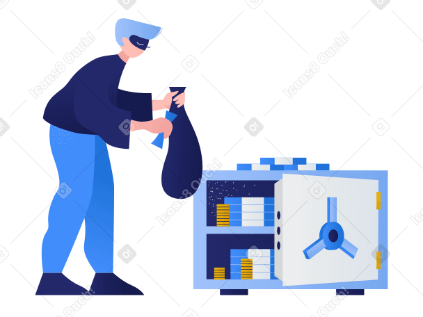 Illustration Le voleur met l'argent du coffre-fort dans un sac aux formats PNG, SVG