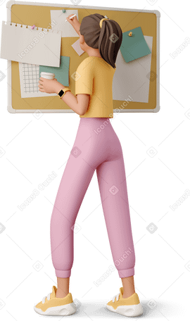 3D young woman pinning picture on corkboard PNG, SVG