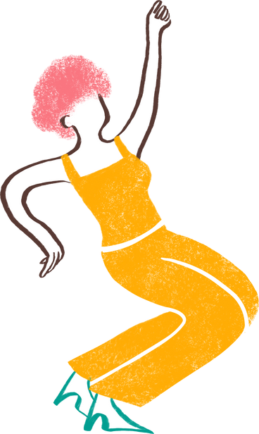 woman with curly hair sitting with her hand up in the air PNG, SVG