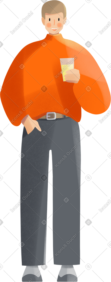 Young man standing with a glass of juice in his hand PNG, SVG