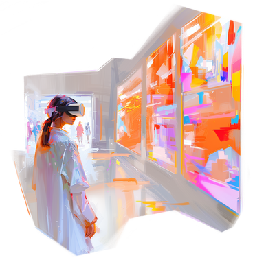 Pintura al óleo de un estudiante usando auriculares vr PNG, SVG
