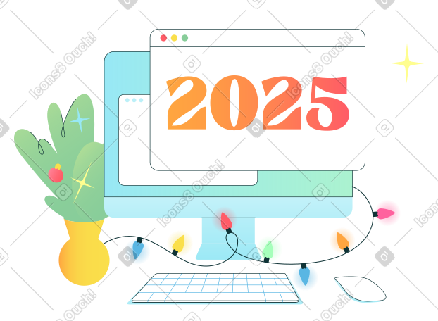 浏览器窗口中的数字 2025，以及圣诞树枝和花环灯 PNG, SVG