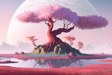 Árvore no meio de um fundo de paisagem de fantasia PNG, SVG