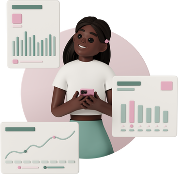 young girl analyzes graphs on her mobile PNG, SVG