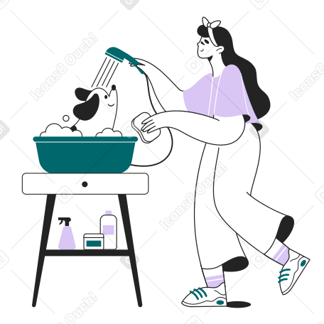 Woman washes her dog PNG, SVG