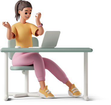excited young woman sitting at desk and looking at laptop screen PNG, SVG