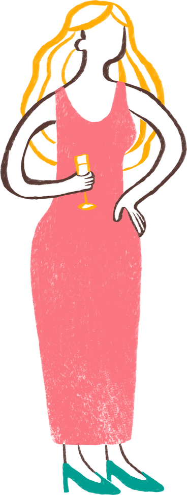 woman in a dress standing with her hand on her hip and a chapagne glass PNG, SVG