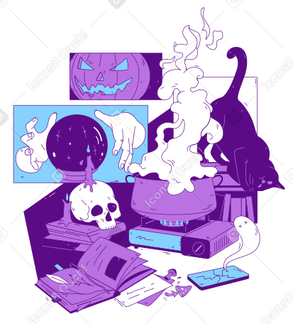 Halloween items and witchy atmosphere animated illustration in GIF, Lottie (JSON), AE