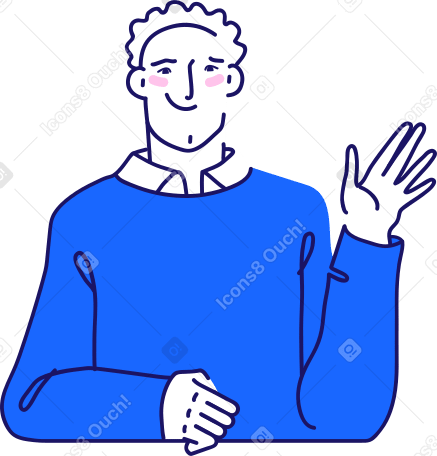 smiling man sitting at the table and waving her hand Illustration in PNG, SVG