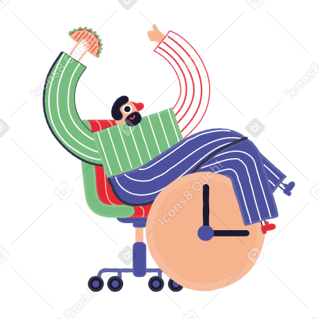Man sits in a chair with his legs over the watch and holding food in his hands Illustration in PNG, SVG