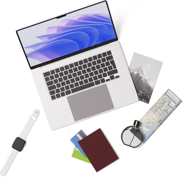 Vista superior do laptop, mapa, passaporte, cartões de crédito, smartwatch PNG, SVG