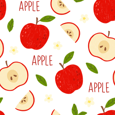 Seamless apple pattern with apple slices, leaves and flowers PNG, SVG