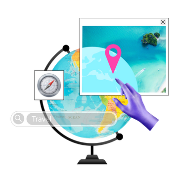 Travel destination, hand pointing to a globe PNG, SVG