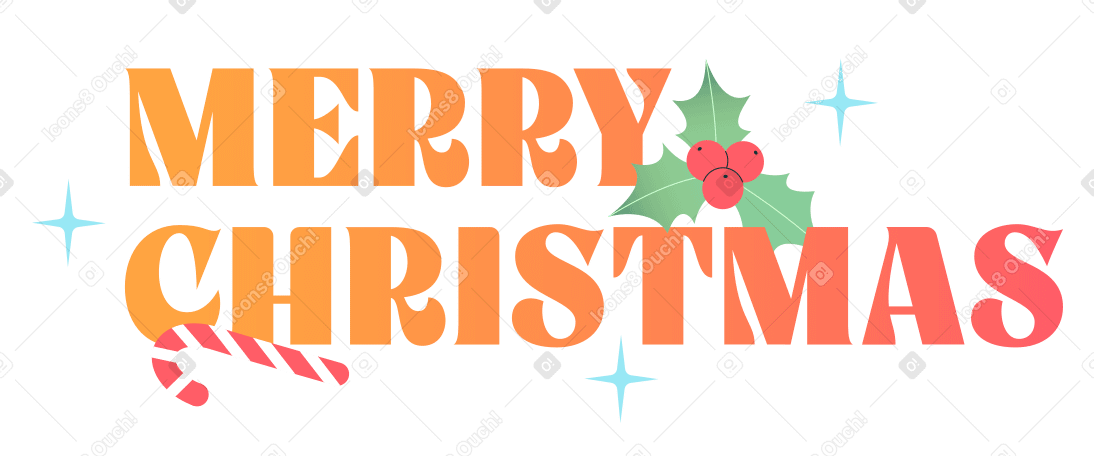 Merry christmas lettering text with holly berry and christmas candy cane PNG, SVG
