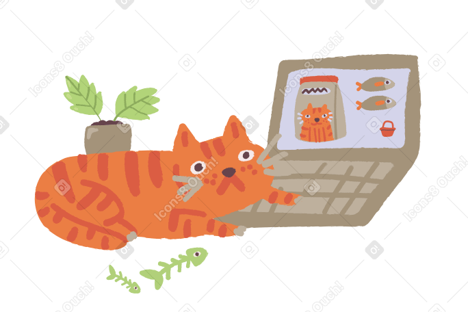 Cat ordering fish on laptop в PNG, SVG