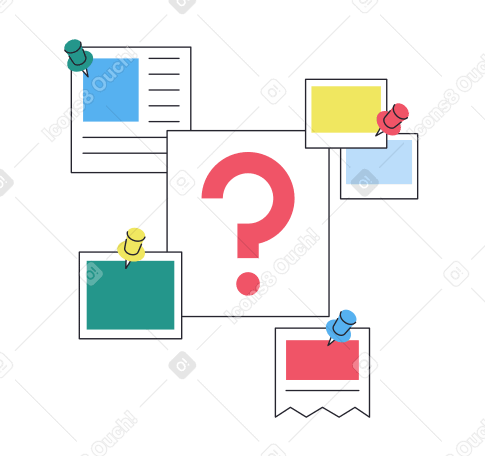 sheet with big question mark with papers and photos around Illustration in PNG, SVG