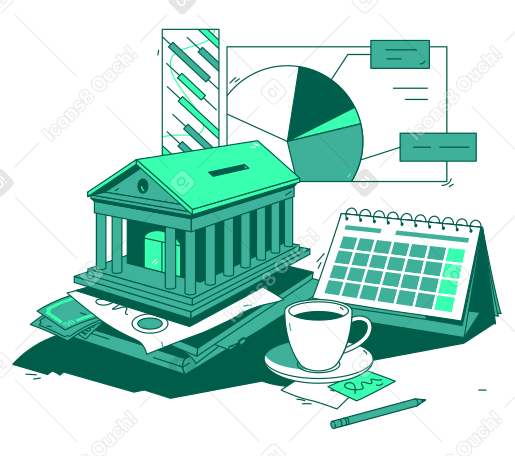 Diagrammi, tazza di caffè, calendario, costruzione di banche come salvadanaio su una pila di documenti PNG, SVG