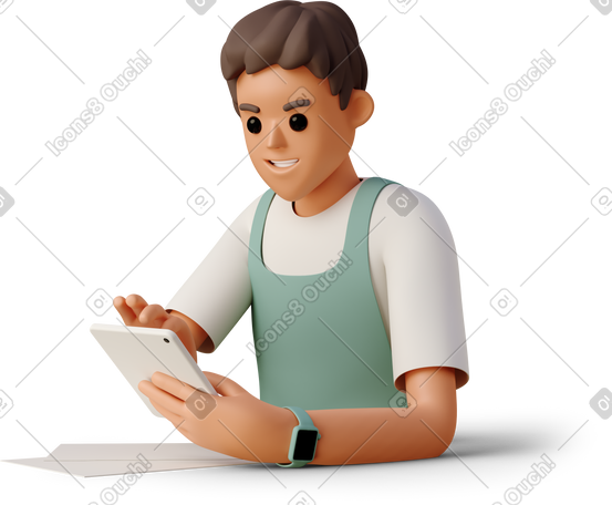 3D boy in the apron looking at tablet PNG, SVG