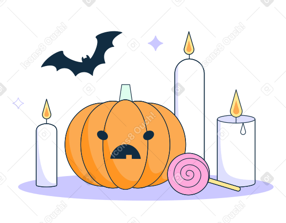 Calabaza de halloween con velas, dulces y murciélago. PNG, SVG