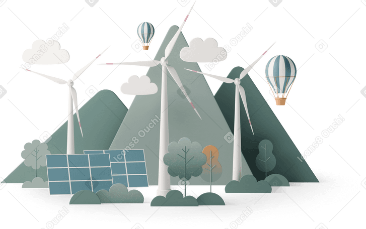 3D solar panels and wind turbines green energy PNG, SVG