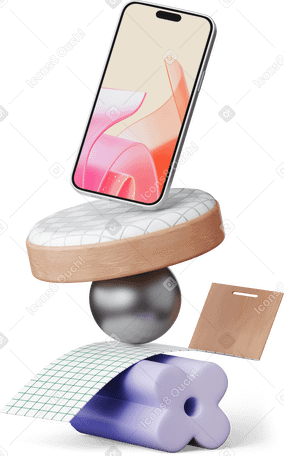 3D smartphone standing on abstract shapes PNG, SVG