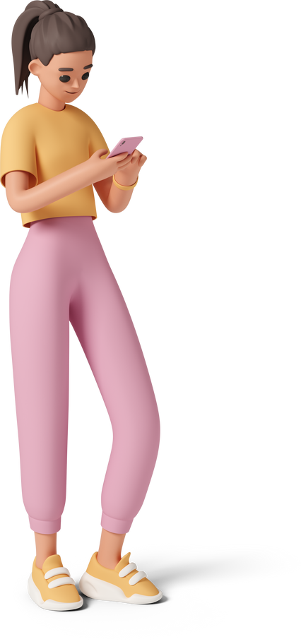 young woman in pink pants and orange shirt holding pink smartphone Illustration in PNG, SVG