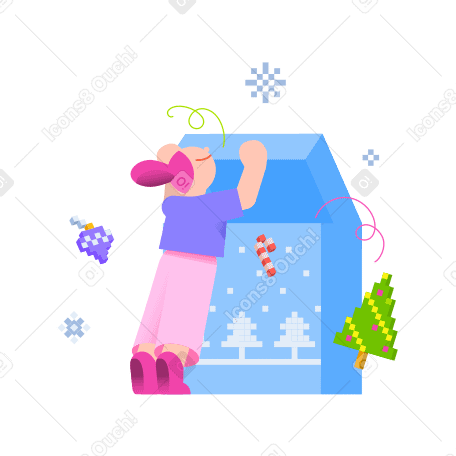 Young woman opens a box of Christmas decorations animated illustration in GIF, Lottie (JSON), AE