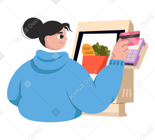 Woman pays for groceries at the self-service checkout Illustration in PNG, SVG