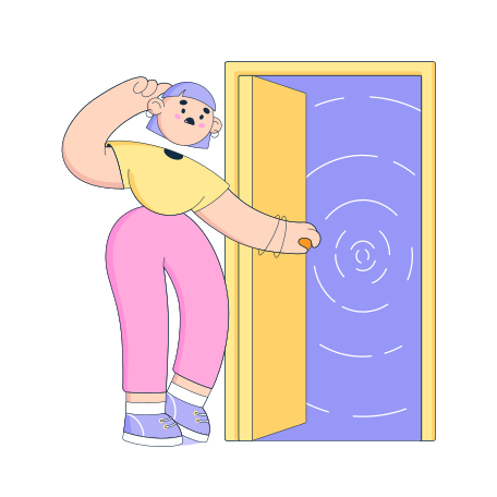 Puzzled woman opens the door to the void  Illustration in PNG, SVG