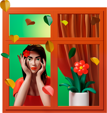 woman with plant in window looking at falling leaves PNG, SVG