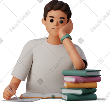 Young man sitting at the desk with books PNG, SVG