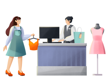 Young woman buying clothes in apparel store with cashier PNG, SVG