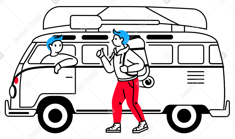 Traveler with a backpack shows thumbs up to the driver of a van PNG, SVG