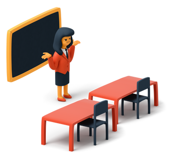 Teacher in empty classroom throwing her hands up PNG, SVG