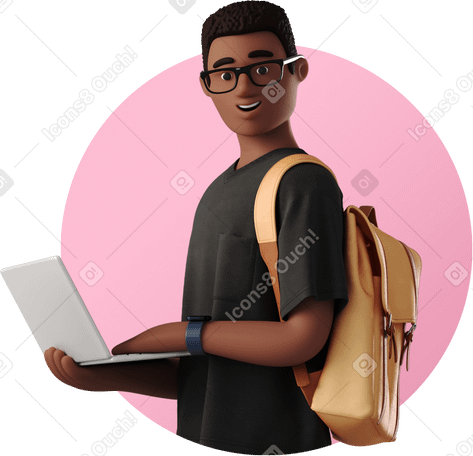 3D young man with laptop and backpack PNG、SVG