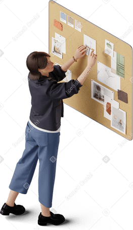 3D isometric view of young woman pinning picture on mood board PNG, SVG