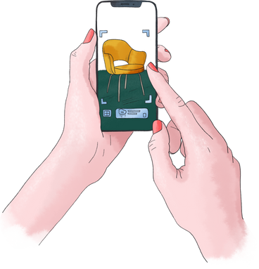 Hands holding a phone with a furniture search app PNG, SVG