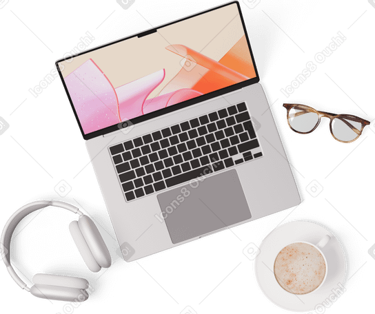3D top view of laptop, glasses, cup of coffee, headphones PNG, SVG