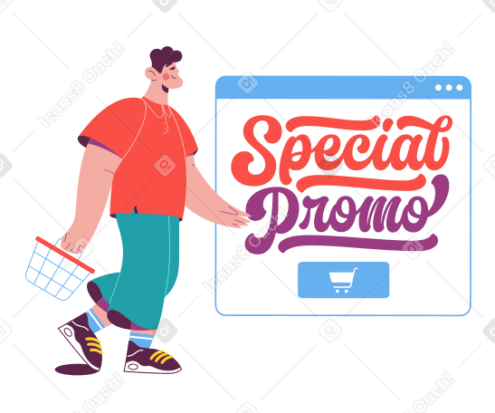 Uomo con carrello e scritta "promo speciale" nel testo sullo schermo del browser PNG, SVG