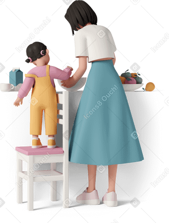 3D mom and daughter cooking PNG, SVG